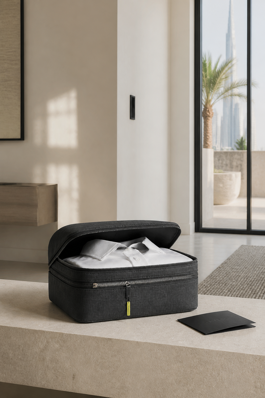 A premium garment care case prepared for pickup in a Dubai residence
